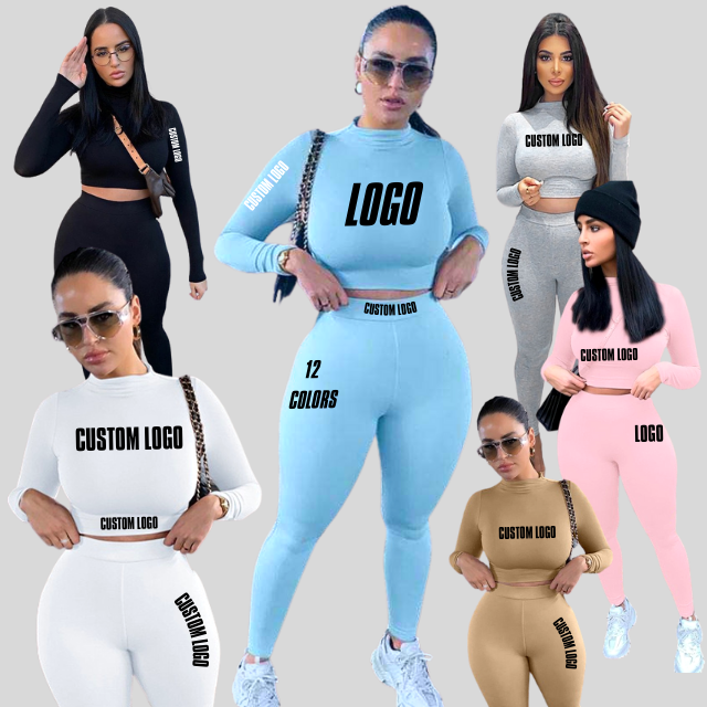 Bộ Quần Áo 2 Mảnh Ôm Sát, Bộ Quần Jogger Thể Thao Tay Dài Màu Trơn Logo Tùy Chỉnh