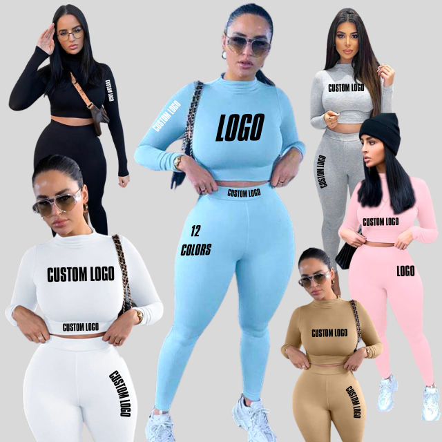 Custom Logo Casual Solid Color Great Two Piece Outfits Set Slim Fit Long Sleeve Sports Joggers Pants Two Piece Pants Set