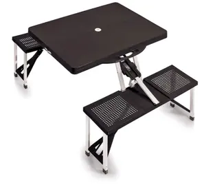 折叠式野营桌折叠式野餐桌，带伞孔和手柄，便携式连体桌，带4个座位组，塑料