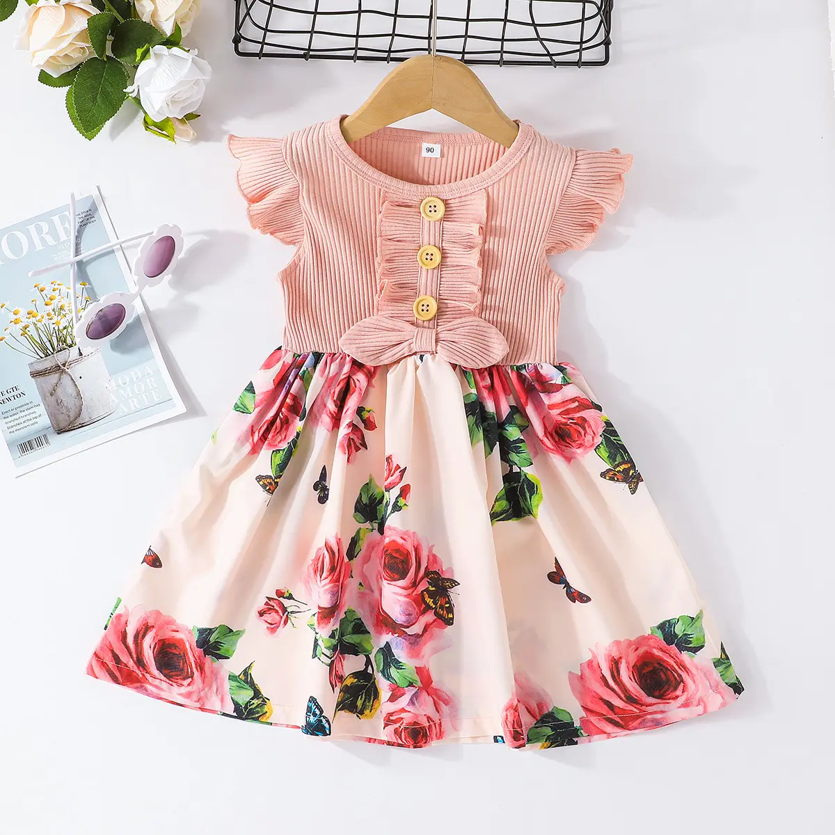 Summer Baby Clothes Floral Party Wear Flutter Sleeve Button Ruffle Dress for Children Girl