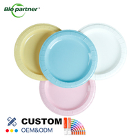 Assiettes jetables écologiques biodégradables en pâte à papier Biopartner avec logo personnalisé pour mariage, camping, fête, utilisation en supermarché