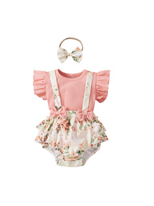 Conjunto de <span class=keywords><strong>Pijama</strong></span> para Bebé 3 en 1 con Top con Volantes, Pantalones Cortos con <span class=keywords><strong>Tirantes</strong></span> y Estampado Floral, y Diadema - Product Image 1