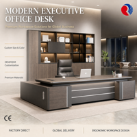 Ensemble de bureau de direction de luxe gris noyer foncé avec support de base en boîte, armoire latérale longue et détails argentés sous le bureau