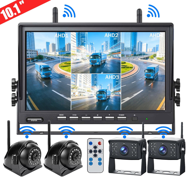 Wireless 10.1'' DVR Quad Monitor 1080P Backup Camera Waterproof Night Vision With 32GB SD Card Kit for RV Truck/Trailer
