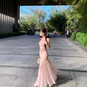 French Style Pink Floral Mesh Sundress Spaghetti Strap Tight Waist Long Dress For Summer Beach Vacation Holiday Celebration - Product Image 3