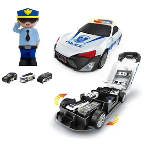 Music Light Alloy Storage Police Slide Diecast Car With 1 Doll 3 Cars