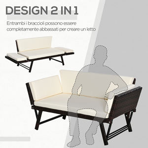 Outsunny <b>2</b> <b>Seater</b> <b>Sofa</b> with Extendable Armrests for Garden <b>Rattan</b> 129x63x67cm White, Brown - Product Image 4