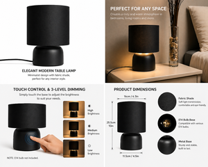Lampe de table tactile LED en métal, 4 niveaux de luminosité, lumière chaude, abat-jour en tissu, pour chambre, bureau, salon - Product Image 5