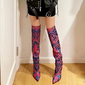 Bottines longues à talons hauts pour femmes, imprimées de motifs floraux, bout pointu, sexy, au-dessus du genou, motif léopard, talons aiguilles - Product Image 6