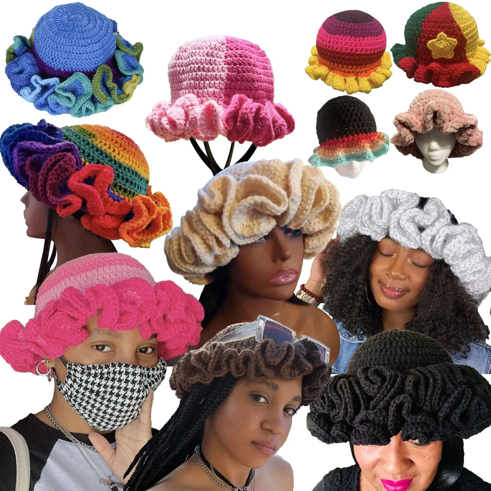 New Trendy Handmade Women Crochet Bucket Hats Y2k Fashion Cute Fluffy Pleated Ruffle Brim Knitted Hat
