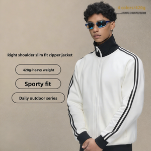 Sweat-shirt rétro à rayures contrastées avec fermeture éclair, 420G, col montant, style streetwear américain, pour homme - Product Image 1