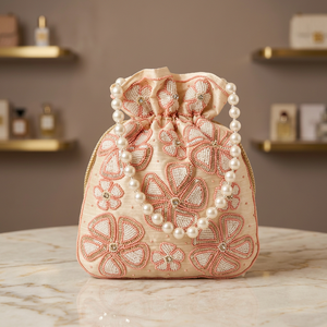 Light Gold Potli <b>Bags</b> on Raw-Silk Fabric with Embellished <b>Pearls</b>, Crystal Glass Beads Resham Work for Party-wear/Wedding - Product Image 4