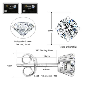 KRKC Wholesale VVS1 0.5ct 0.6ct 0.8ct 1.0ct 925 Sterling Silver Diamond Men Earring Moissanite Wedding Stud Earrings For Bride