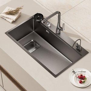 Fregadero de Cocina Grande de Acero Inoxidable 304 con Desagüe Izquierdo y Recolector de Residuos, Fácil de Limpiar - Product Image 1