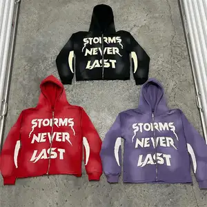 OEM nhà sản xuất quần áo hoodies rửa tùy chỉnh đau khổ đính con đường cắt và may mặt trời phai mờ đau khổ vá Zip Up Hoodie