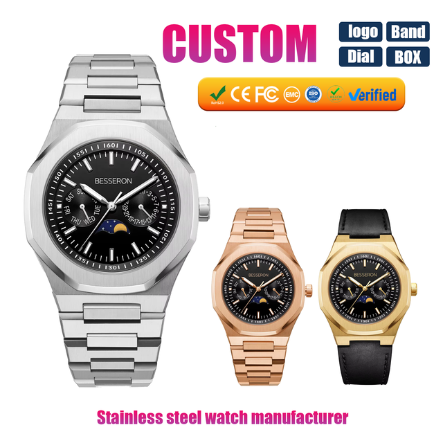 XM5190 Stainless Steel Logo Watch Moonphase Sun 5BAR Hardlex Japan Movement Quartz Chronograph Fashion Leather/Silicone Strap