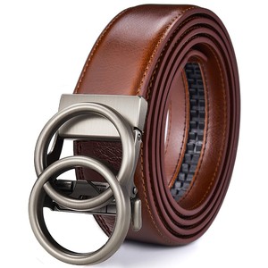 <span class=keywords><strong>Ceinture</strong></span> en cuir véritable pour femmes Double anneaux or pour boucle automatique à cliquet LOGO personnalisé formel confortable couture - Product Image 2