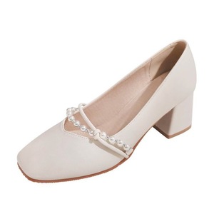 Elegantes Sandalias Blancas de Satén con Tacón, Punta Cuadrada, Tacón Medio Grueso, Decoración de Perlas, Zapatos de Mujer Sin Cordones - Product Image 2