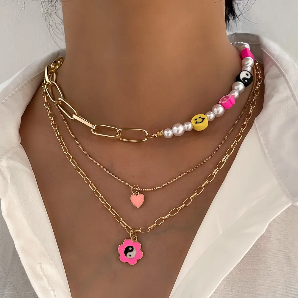 Multilayer Pink Heart Paperclip Chain Yin Yang Necklace For Women Girls Love Heart Pearl Necklace