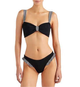 Fabricación OEM, Diseño Personalizado, Top de Bikini Texturizado con Estampado de Cuadros, Banda en Contraste, Parte Inferior con Volantes, Secado Rápido, Spandex/Nylon - Product Image 2