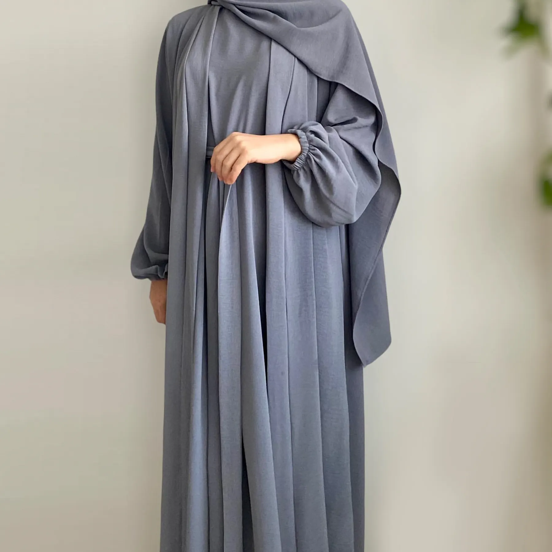 2024 Bán Buôn Nhăn Polyester 2 Mảnh Abaya Thiết Lập Đồng Bằng Abaya Eid Ramadan Hồi Giáo Quần Áo Phụ Nữ Hồi Giáo Ăn Mặc