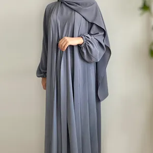 2024卸売リンクルポリエステル2ピースアバヤセットプレーンアバヤEIDラマダンイスラム服女性イスラム教徒のドレス
