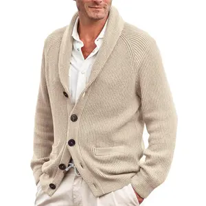 2024 new fashion mens shawl collar cardigan sweater cable knit button down wool long sleeve custom cardigan sweaters for men