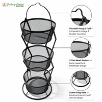 Étagères métalliques pliables industrielles modernes noires à 3 niveaux en maille, revêtement poudré, anti-rouille, robustes pour salon, chambre et salle de bain