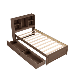 Modern Twin Size Bed Frame with 2 Storage Drawers & <b>Bookcase</b> Headboard Sturdy <b>Solid</b> Walnut <b>Wood</b> for Spring Bedrooms & Apartments - Product Image 6