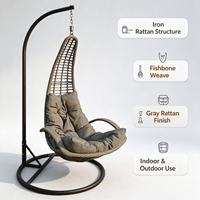 Fauteuil suspendu en rotin PE, design moderne, en forme d'œuf ou de goutte d'eau, avec structure en os de poisson, siège individuel avec coussin, pour intérieur et terrasse