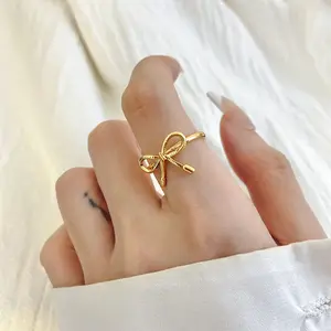 FOXI Fashion Jewelry Adjustable Ring Bowknot Yellow Gold Plated Cute Bow Rings For Women And Girl