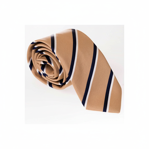 Cravate en soie italienne faite à la main pour homme adulte, taille unique, rayures beige, bleu marine et blanc - Product Image 2
