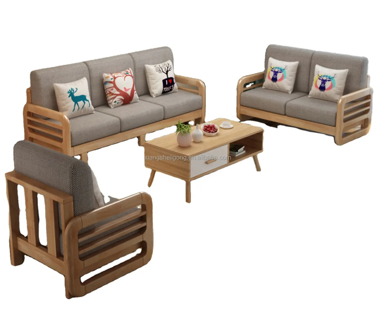 Ensemble canapé d'angle nordique en bois massif, combinaison simple et moderne, pour petit sofa familial, salon, trois personnes, avec broches