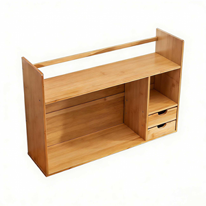 Étagère ouverte moderne en bambou à trois niveaux, support de rangement extensible pour bureau, classeur, magazines, CD, avec 2 tiroirs - Product Image 1