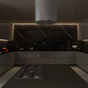 <span class=keywords><strong>Cuisine</strong></span> en U : crédence en marbre foncé, <span class=keywords><strong>hotte</strong></span> aspirante flottante, étagères ouvertes avec éclairage d'ambiance, luxe culinaire fonctionnel - Product Image 1
