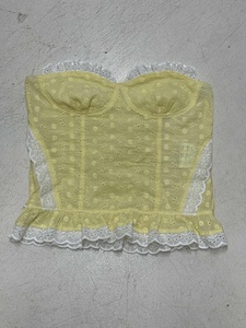 Summer Beach Vacation <b>Butter</b> Yellow Jacquard Contrast Off Shoulder Strapless Top Slim Fit Ruffle Trim Camisole - Product Image 6