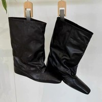Bottes mi-mollet à talon compensé dissimulé pour femme, bout carré, en cuir vieilli, style décontracté, 2 couleurs