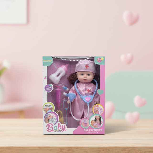 14 Inch Plastic Doctor Play Baby Doll with Syringe Capsules Stethoscope & Bottle Model Toy Early Education Role Play