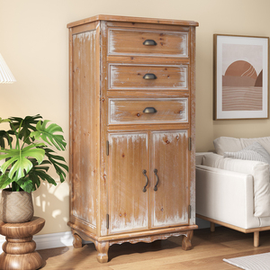 Rustic Wooden <b>Storage</b> Cabinet With 3 Drawers And Doors Tall <b>Narrow</b> Organizer For Living Room Bedroom Natural Finish - Product Image 2
