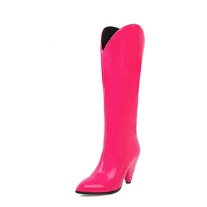 Atacado coxa de couro preto botas de salto alto-Botas femininas sensuais de couro, preto, laranja, vermelho rosa, artesanal, premium, salto alto, coxa