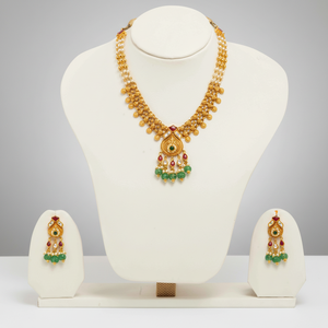 Traditional Gold Necklace <b>Set</b> With Green <b>Beads</b> Red Stones Bridal Jewelry <b>Set</b> With Matching Earrings For Women - Product Image 1