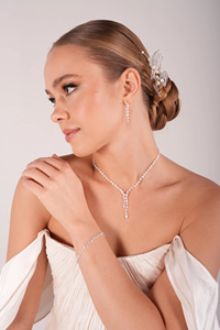 Bridal Jewelry <b>Set</b>-Sterling Silver Necklace <b>Bracelet</b> & Earrings with Moissanite Platinum Plated Y-Shape Design for Wedding - Product Image 2