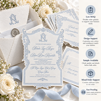 Ensemble de cartes d'invitation de mariage personnalisées en damassé bleu et blanc, gaufrées, découpées, avec sceau de cire et ruban, vente en gros, fabricant en vrac