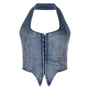 Gilet corset asymétrique en jean bleu délavé pour <span class=keywords><strong>femme</strong></span>, col halter, fermeture éclair avant, col rond - Product Image 3