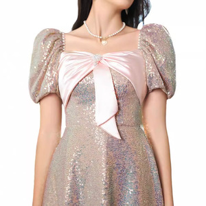 Pink Sequined Evening Dress A-Line Empire Waist Bow Neckline Satin Fabric For Coming Of Age Ceremony And Vocal Exam - Product Image 5