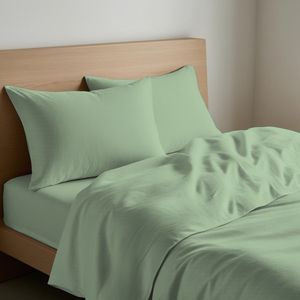Ensemble de draps en coton vert, taille italienne, taies d'oreiller, housse de couette - Product Image 1