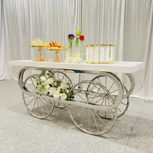 2022 New Design Wedding Party Furniture MDF Top Silver Stainless Steel Center Cake Table with Removable Car Wheels