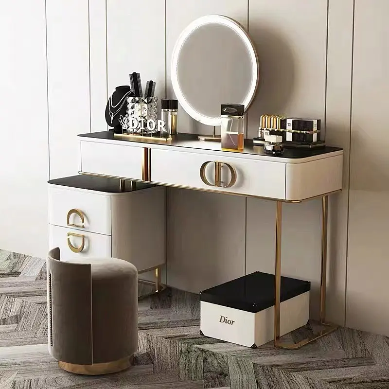 Moderne Luxe Zwarte Kaptafels Kruk Voor Thuis Slaapkamer Meubels Goud Make-Up Tafel Dressoir Met Spiegel En Stoel