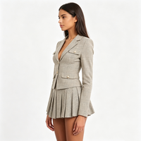 Ensemble deux pièces à carreaux gris pour femmes, blazer à col cranté, jupe mini plissée, costume vintage, tenue de bureau élégante pour l'automne