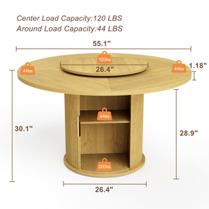 Table à manger ronde moderne avec rangement et plateau tournant, plateau en panneaux de particules et MDF de 55 pouces, pieds en bois, écologique et durable - Product Image 6